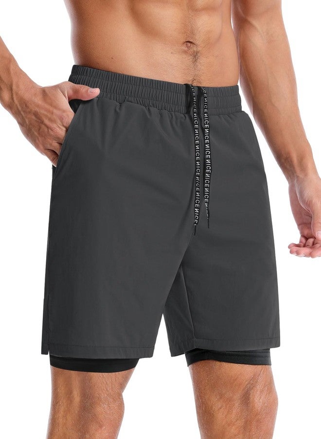 Aolesy Men’s 2 in 1 Running Shorts 7 Inch Quick Dry Workout Gym Shorts with Pockets Tennis Training Athletic Shorts with Liner for Men Dark Grey - Image 4